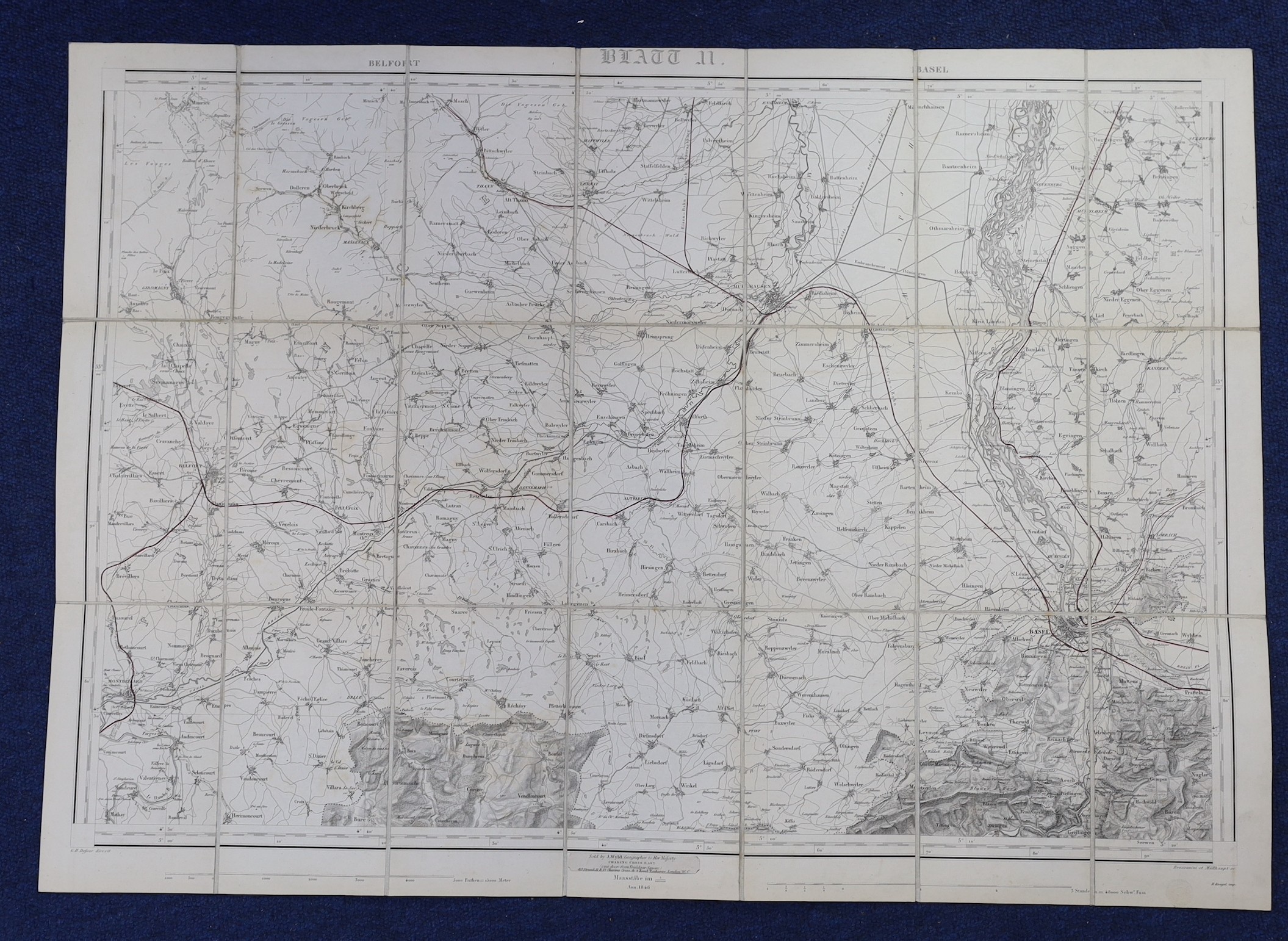 Wyld, James - Switzerland, 21 engraved linen backed folding maps, numbers 2-6, 8-13, 15, 18-25, dated 1846-1862, 56 x 78cms., in slip cases.